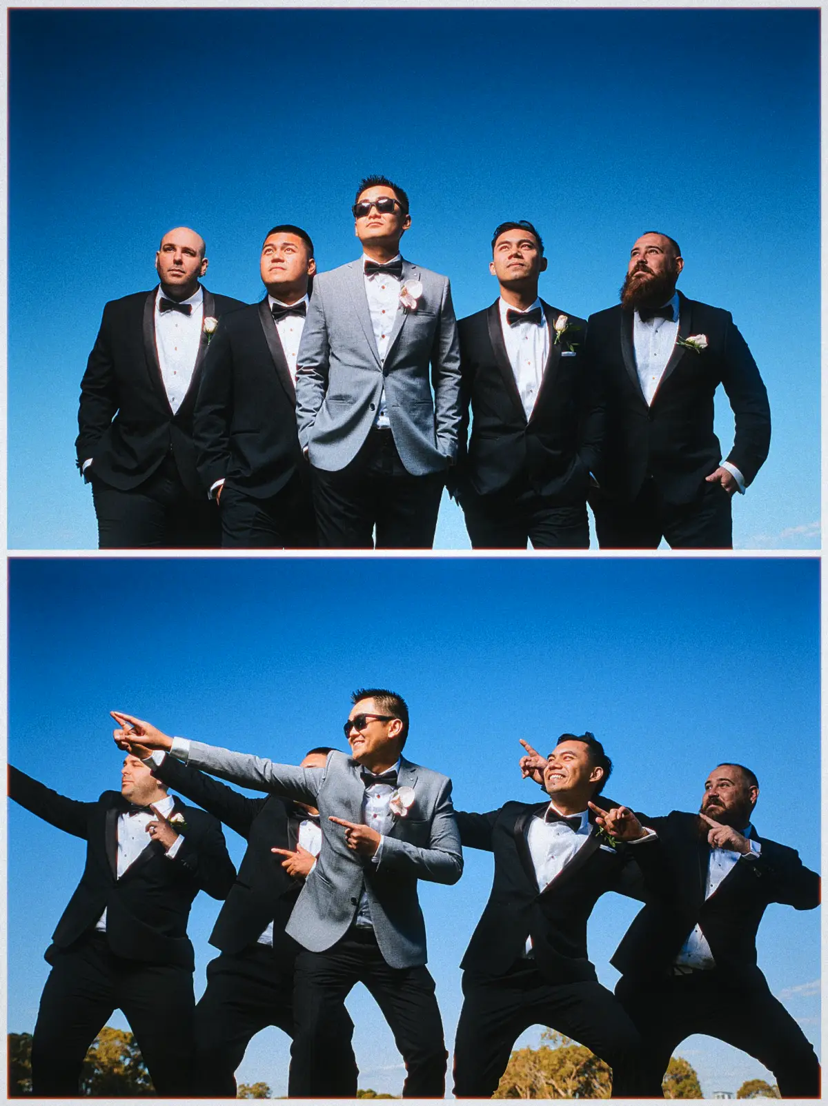 Andrew and his groomsmen strike cool and playful poses in black tuxedos against a cloudless blue sky