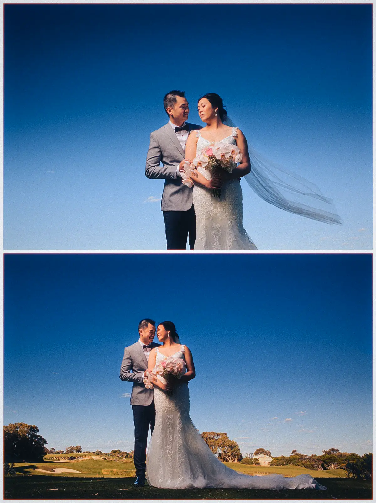 Andrew holds Natalie close as her veil streams in the wind above the golf course at golden hour