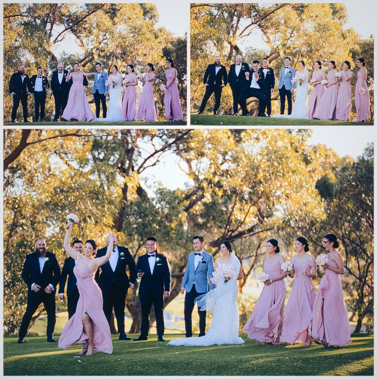 The wedding party cheers under golden gums as a bridesmaid twirls her pink gown and a groomsman pops champagne