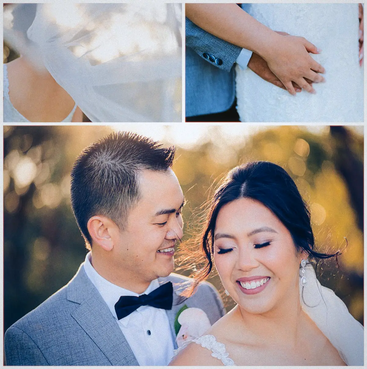 Collage of veil and lace details, clasped hands and the couple laughing in warm Joondalup Resort sunset