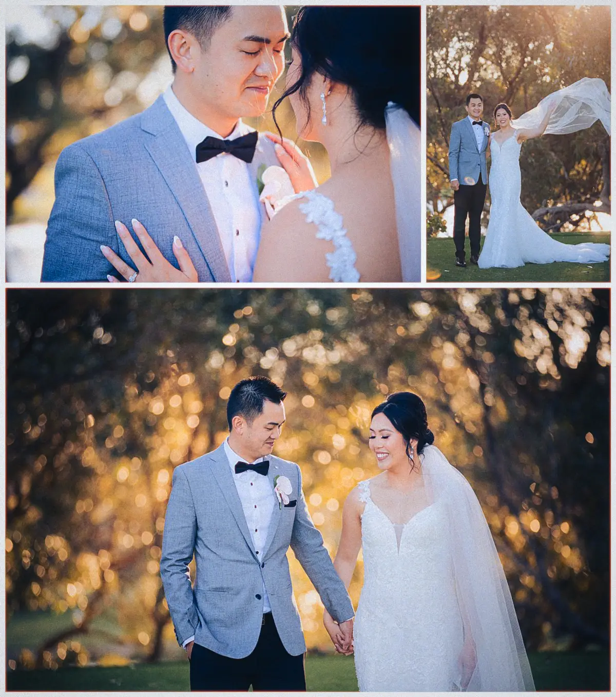 Natalie's ringed hand rests on Andrew's lapel before he twirls her flowing veil beside the lake