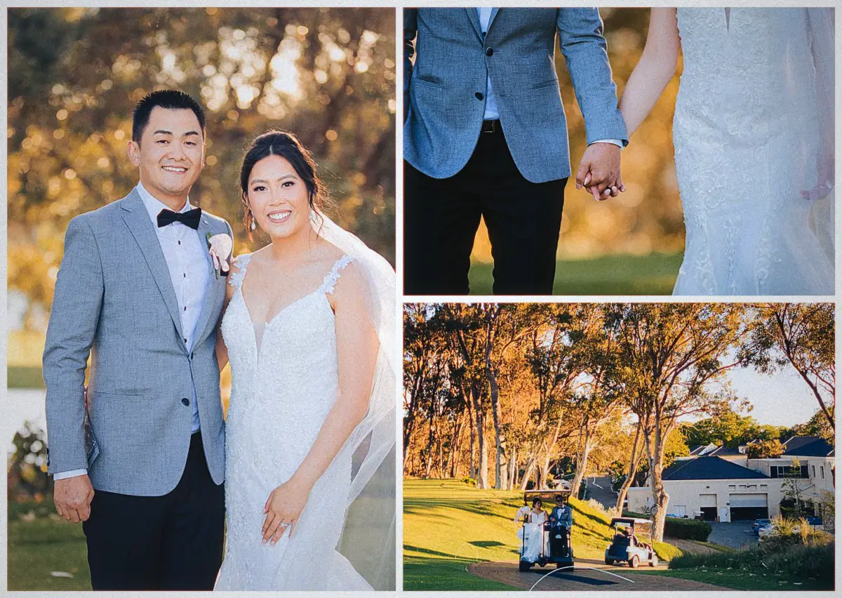 Natalie and Andrew smile by the water and walk the fairway hand in hand as a golf buggy trails behind