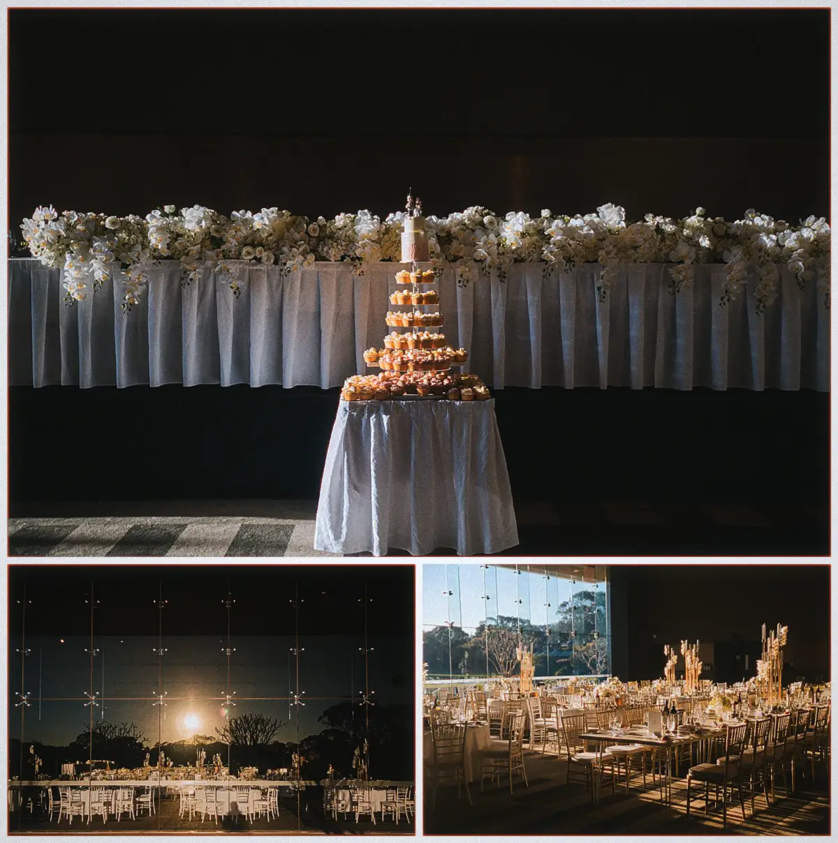 Cupcake tower and white floral garland set before Joondalup Resort's candlelit reception room at sunset