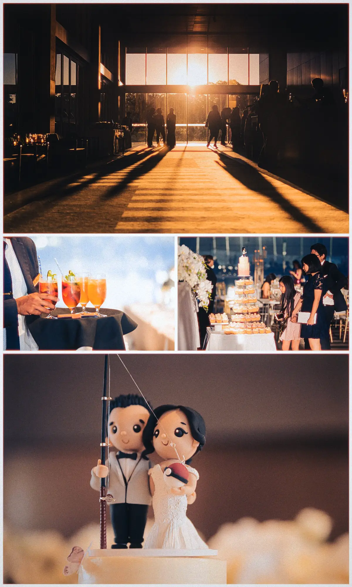 Golden light floods the reception foyer as guests gather around cocktails and a fishing-themed cake topper