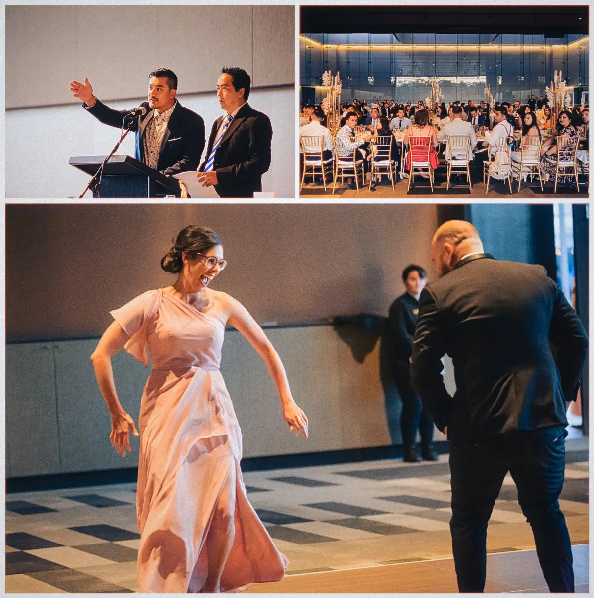 A groomsman gestures from the lectern as diners fill the glass-walled Joondalup Resort ballroom at dusk