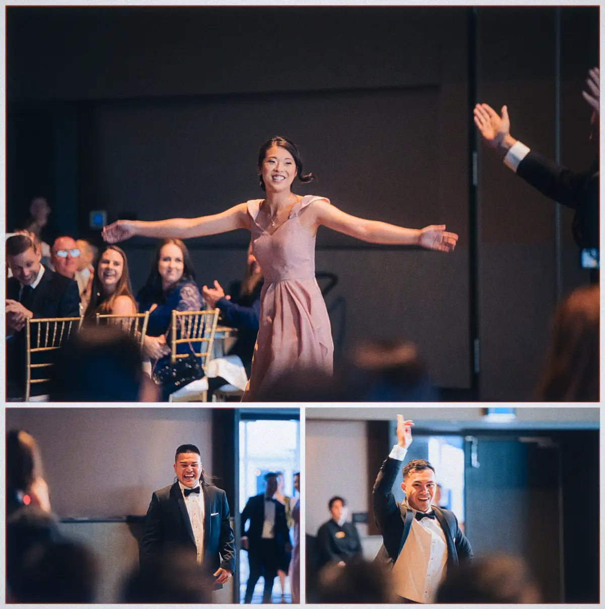 A blush-dressed bridesmaid and a beaming groomsman dance their way into the reception past clapping guests