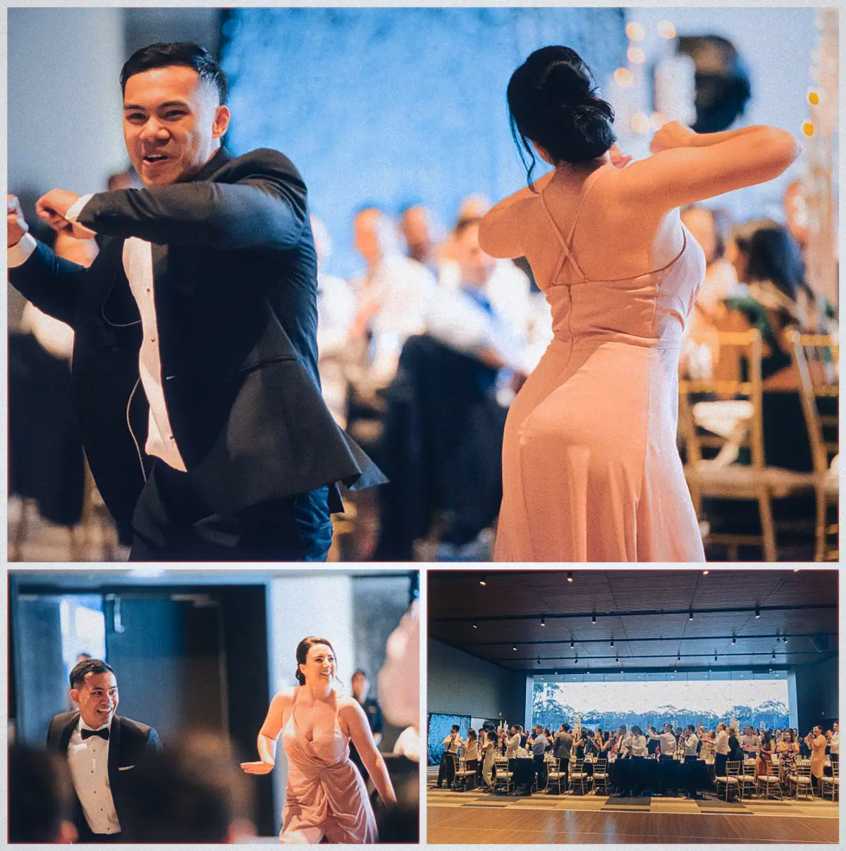 Andrew dances wildly with a bridesmaid before the reception crowd rises cheering beside sunlit windows