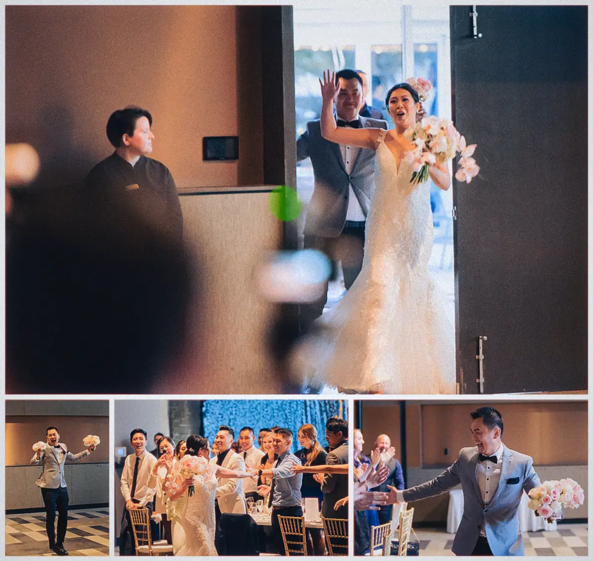 Natalie and Andrew burst through the reception doors bouquet high, high-fiving guests lining the aisle