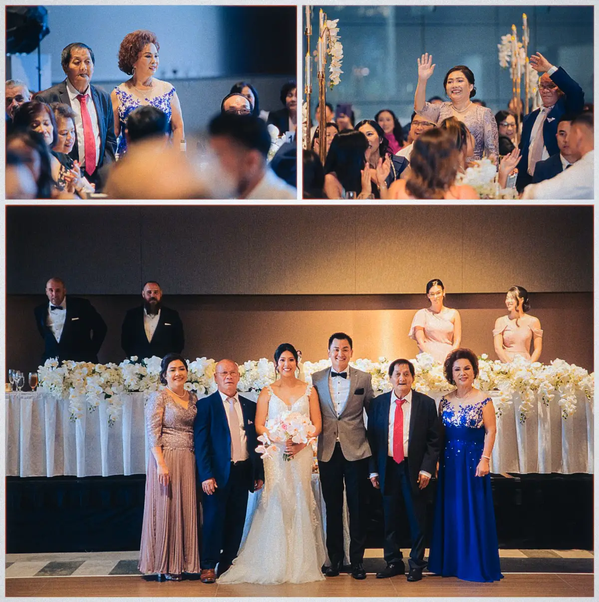 Natalie and Andrew pose with their proud parents before the orchid-draped bridal table at the reception
