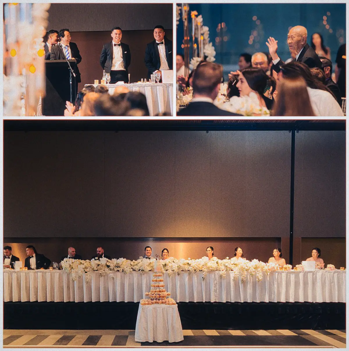 Speeches draw laughter and waves beside the long white-flowered bridal table and cupcake tower at dusk