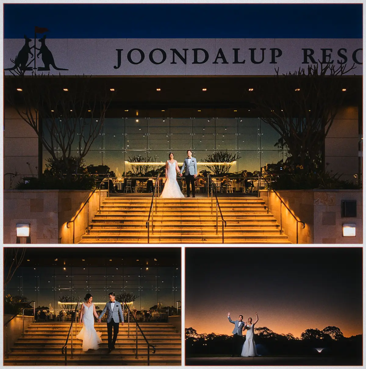 Natalie and Andrew descend the floodlit Joondalup Resort steps at dusk and cheer against the burning sunset