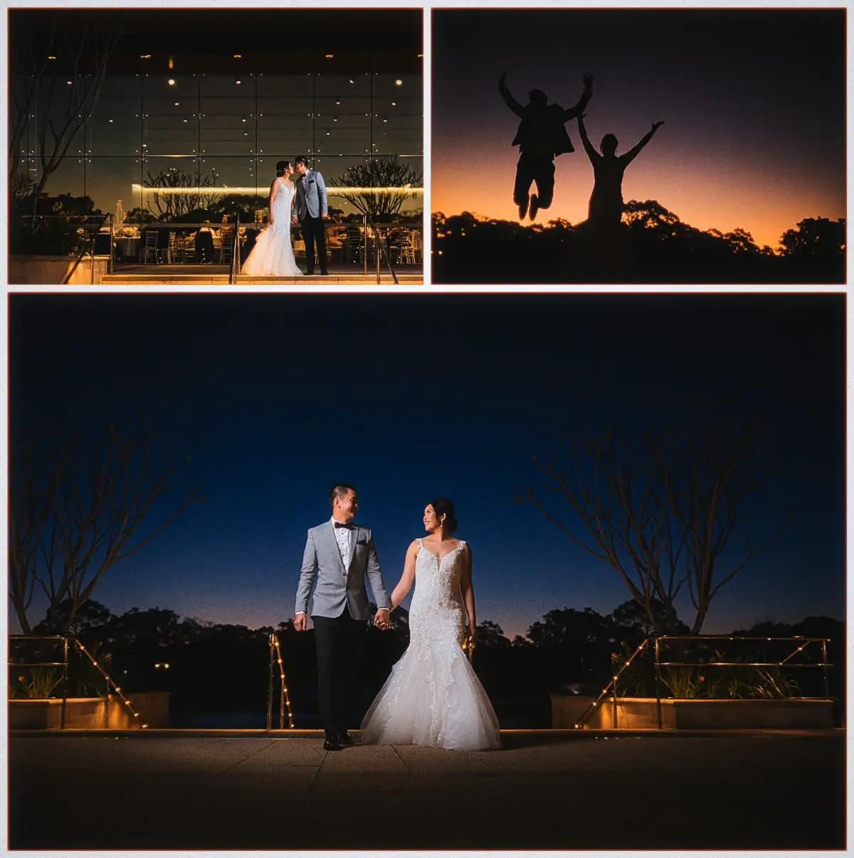 Natalie and Andrew share a nighttime kiss by the glassed reception before strolling beneath fairy lights