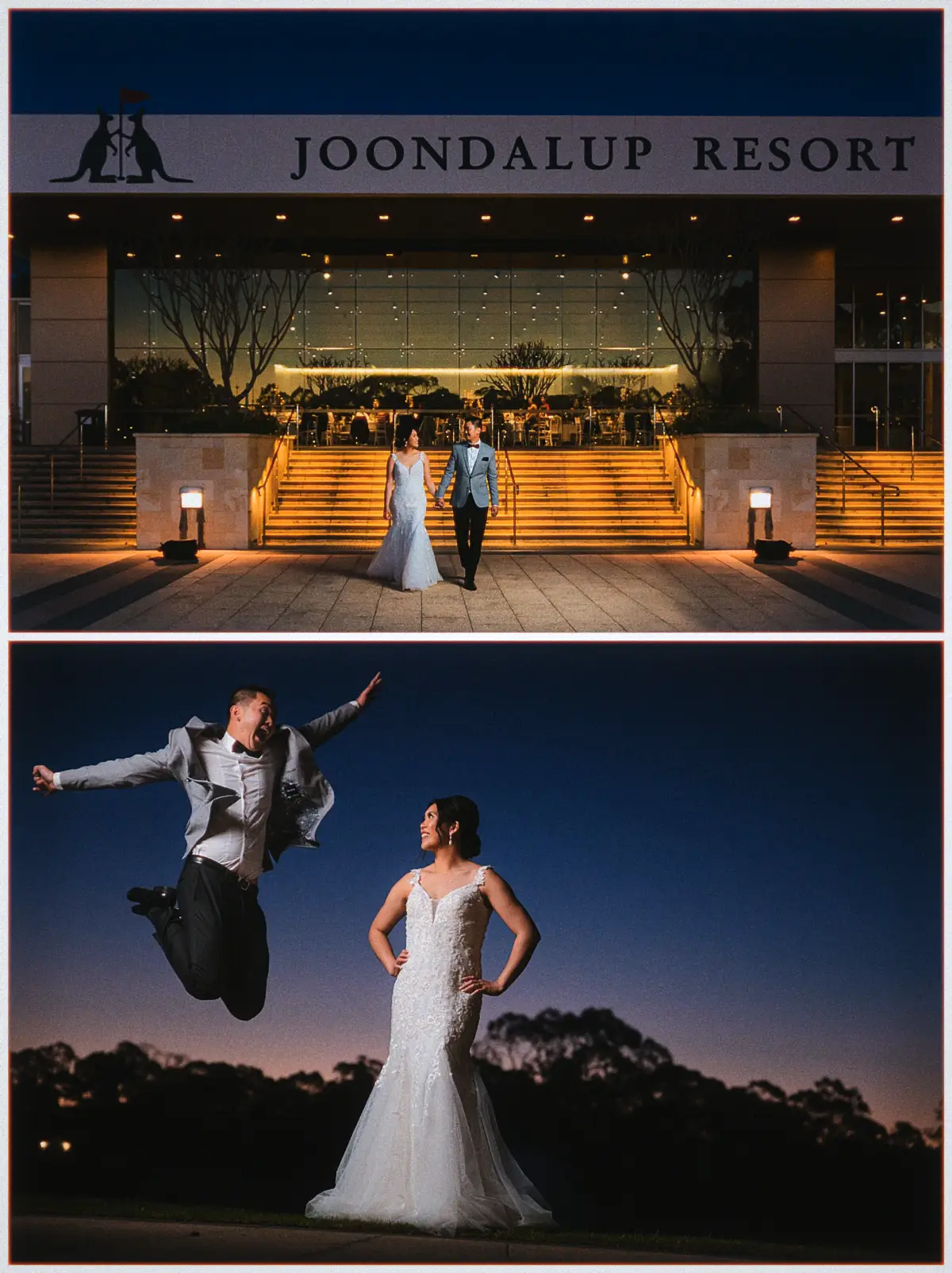 Andrew leaps sky-high beside a hands-on-hips Natalie beneath the Joondalup Resort sign after dark