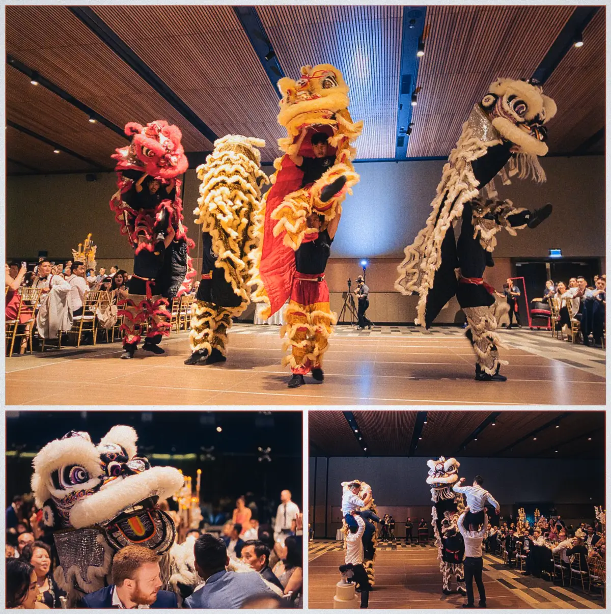 Four lion dancers leap and stack mid-performance as wide-eyed wedding guests watch from their tables