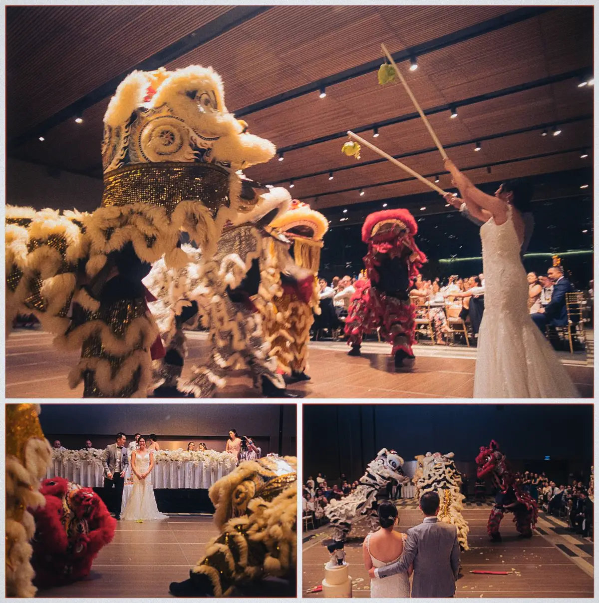 Natalie feeds lettuce to the bobbing golden lion while Andrew watches the dance circle their cake table