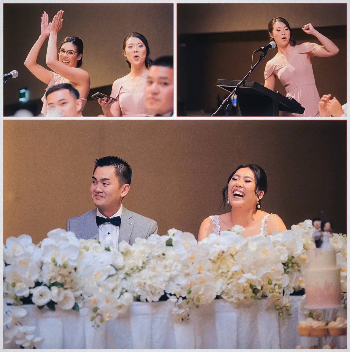 Bridesmaids cheer through their lectern speeches as Natalie and Andrew double over laughing at their table