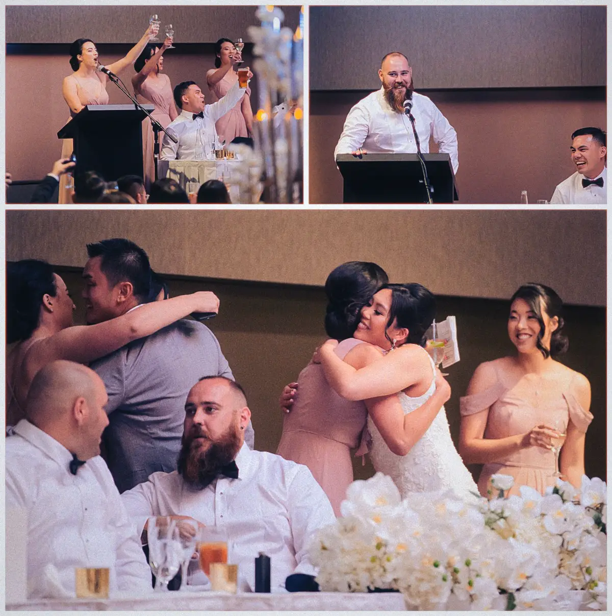 A bearded groomsman delivers his toast, glasses rise in salute and Natalie hugs guests beside white orchids