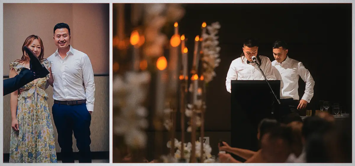 Guests pose for portraits before two groomsmen read their speech beneath tall candle centrepieces