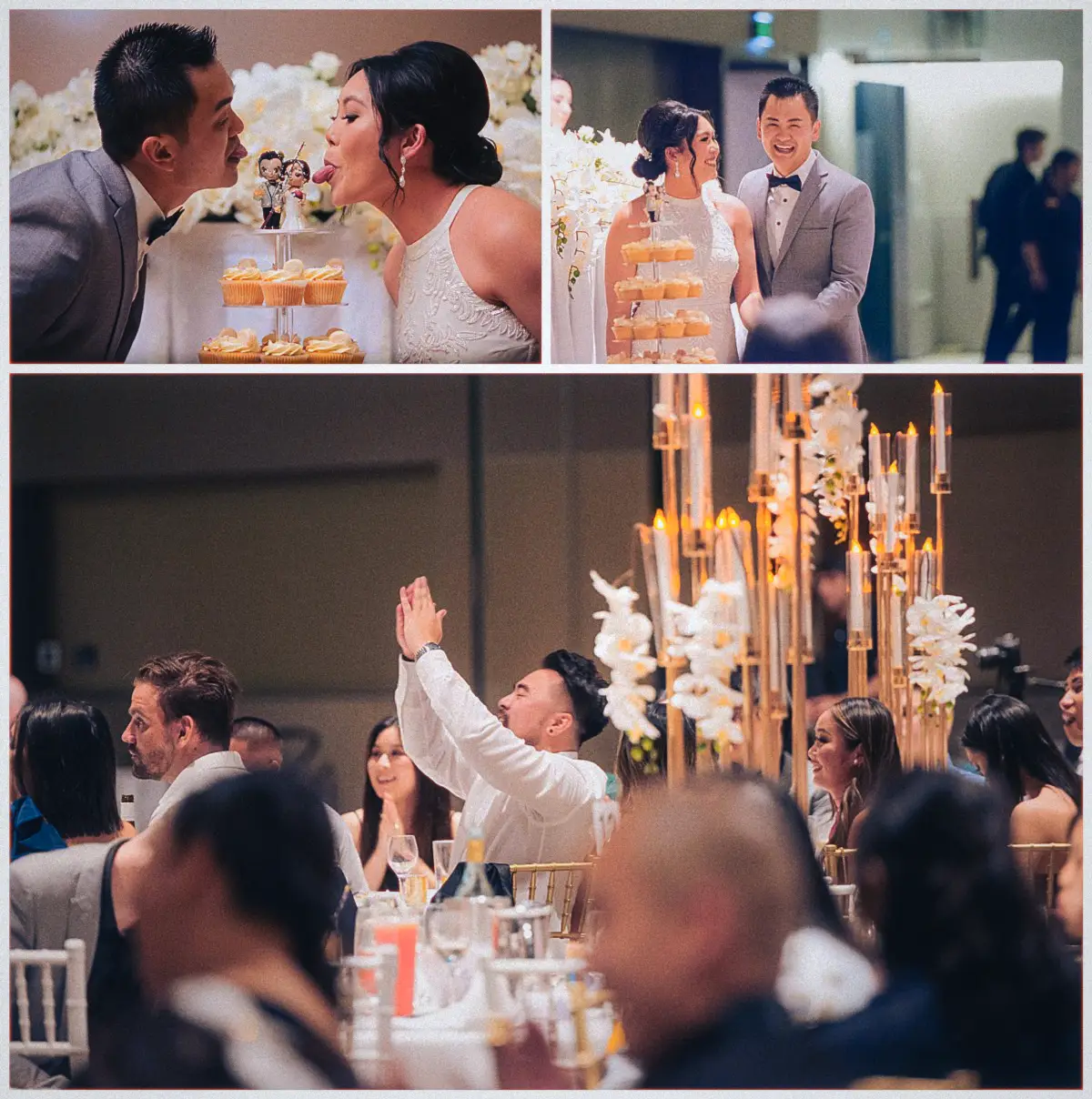 Natalie and Andrew grin over their cupcake tower and lick frosting as candlelit guests applaud