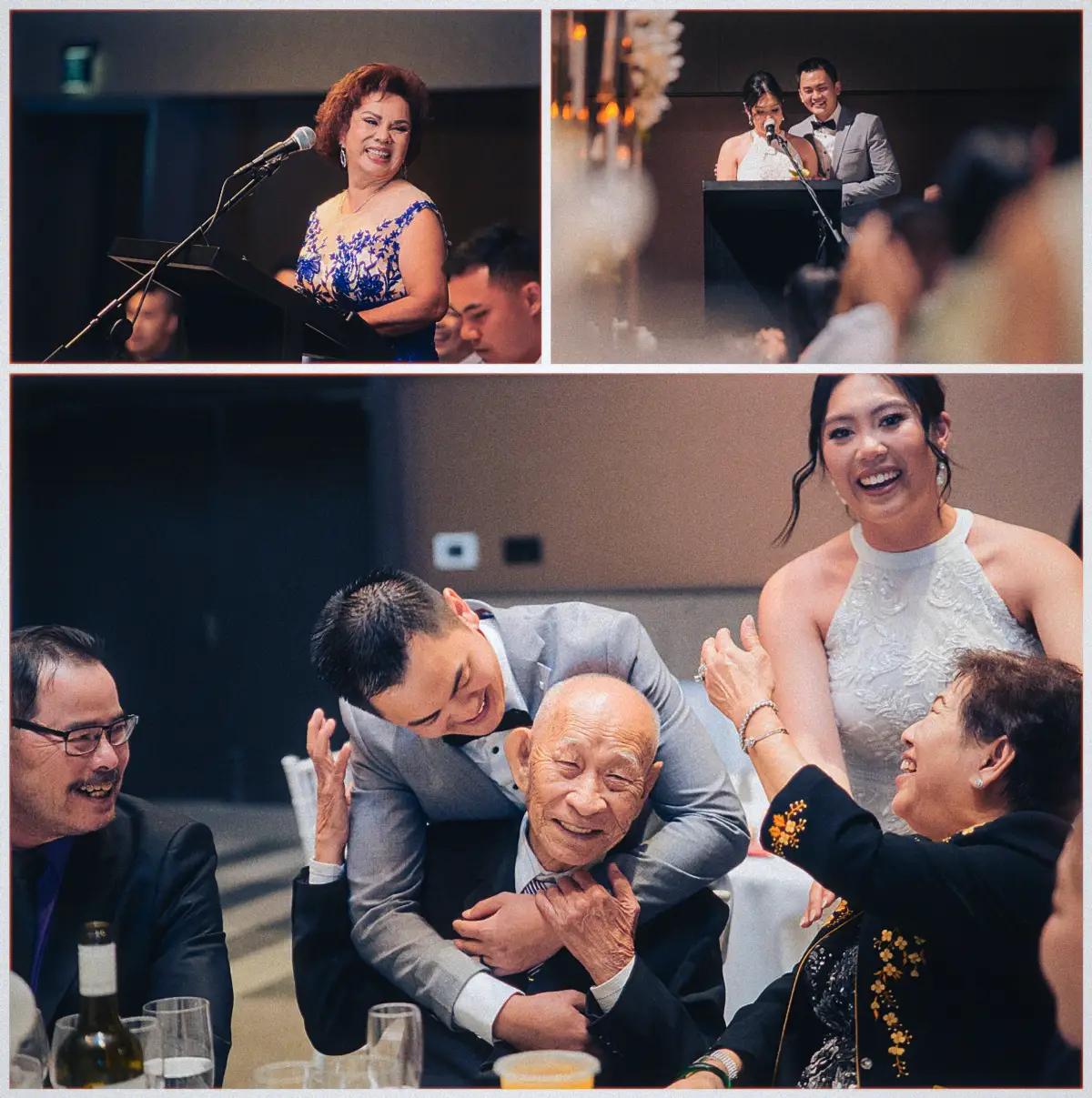 Wedding guests give toasts while the groom hugs his laughing grandfather at a Joondalup Resort reception.