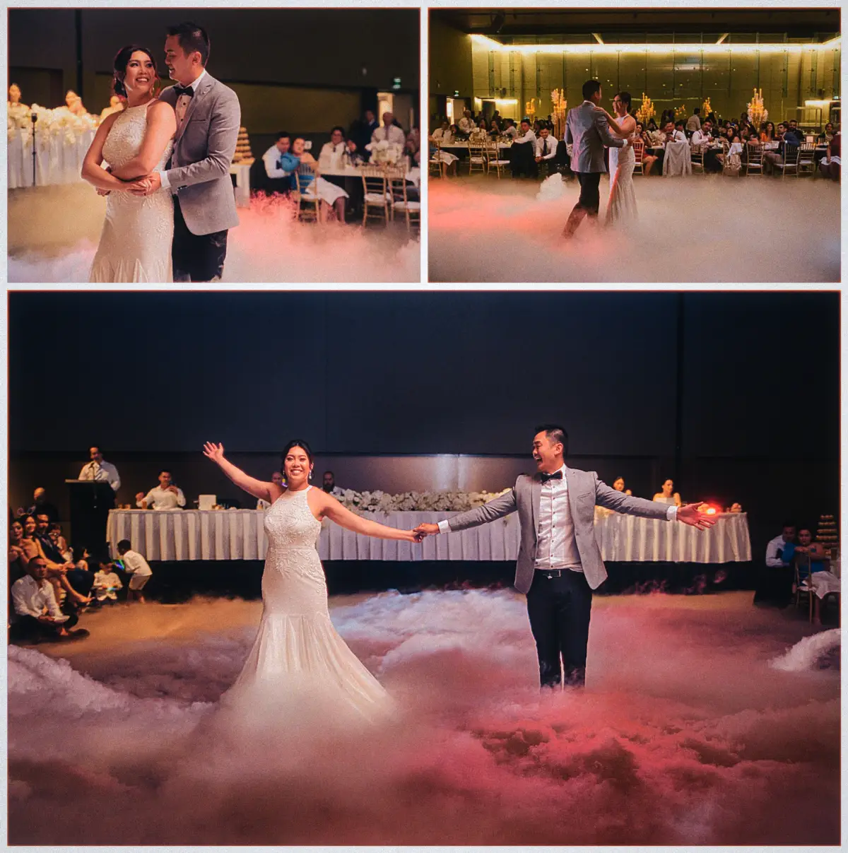 Natalie and Andrew stretch out their arms mid first dance across a fog-filled dance floor in pink light.