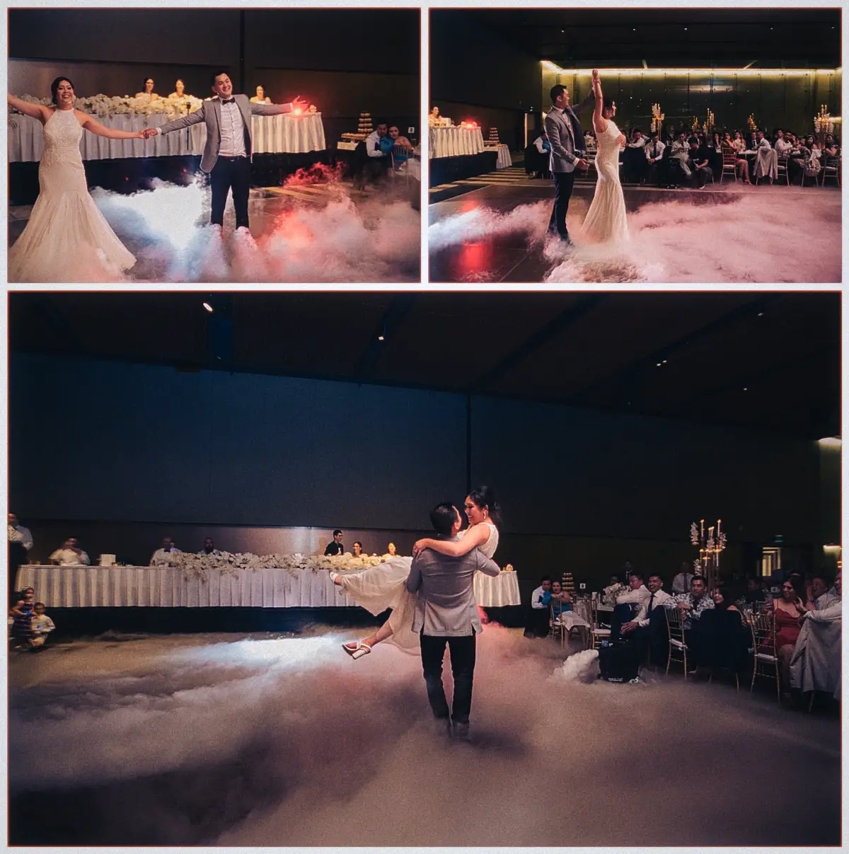 Groom carries his beaming bride through drifting fog across the dimly lit ballroom at Joondalup Resort.