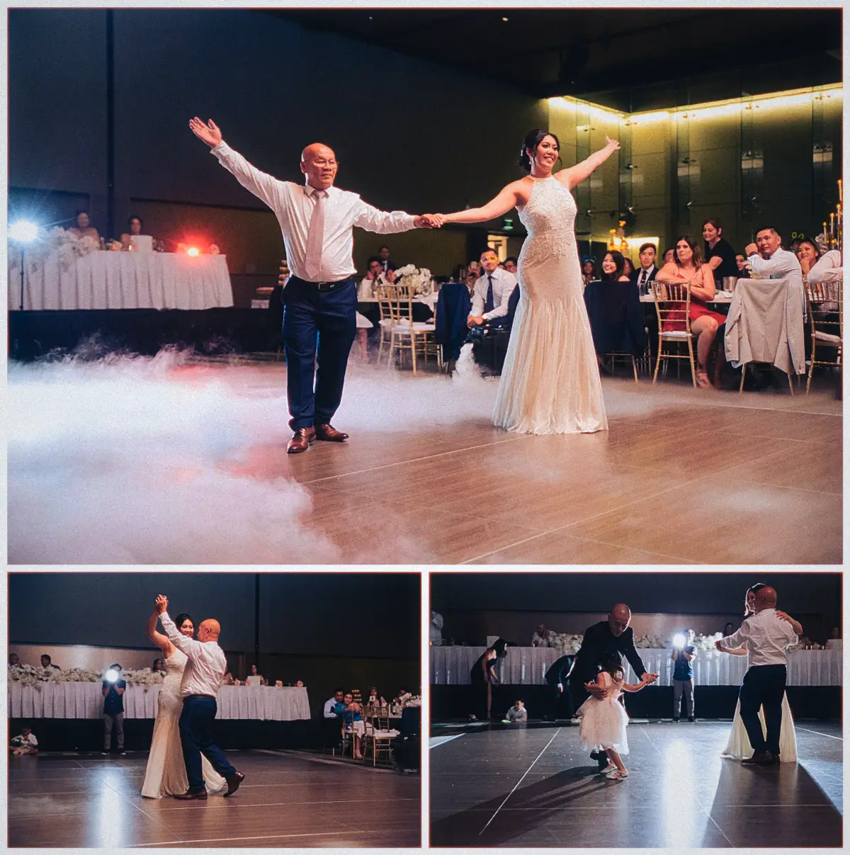 Natalie beams while dancing with her father, then twirls the little flower girl on the fogged dance floor.