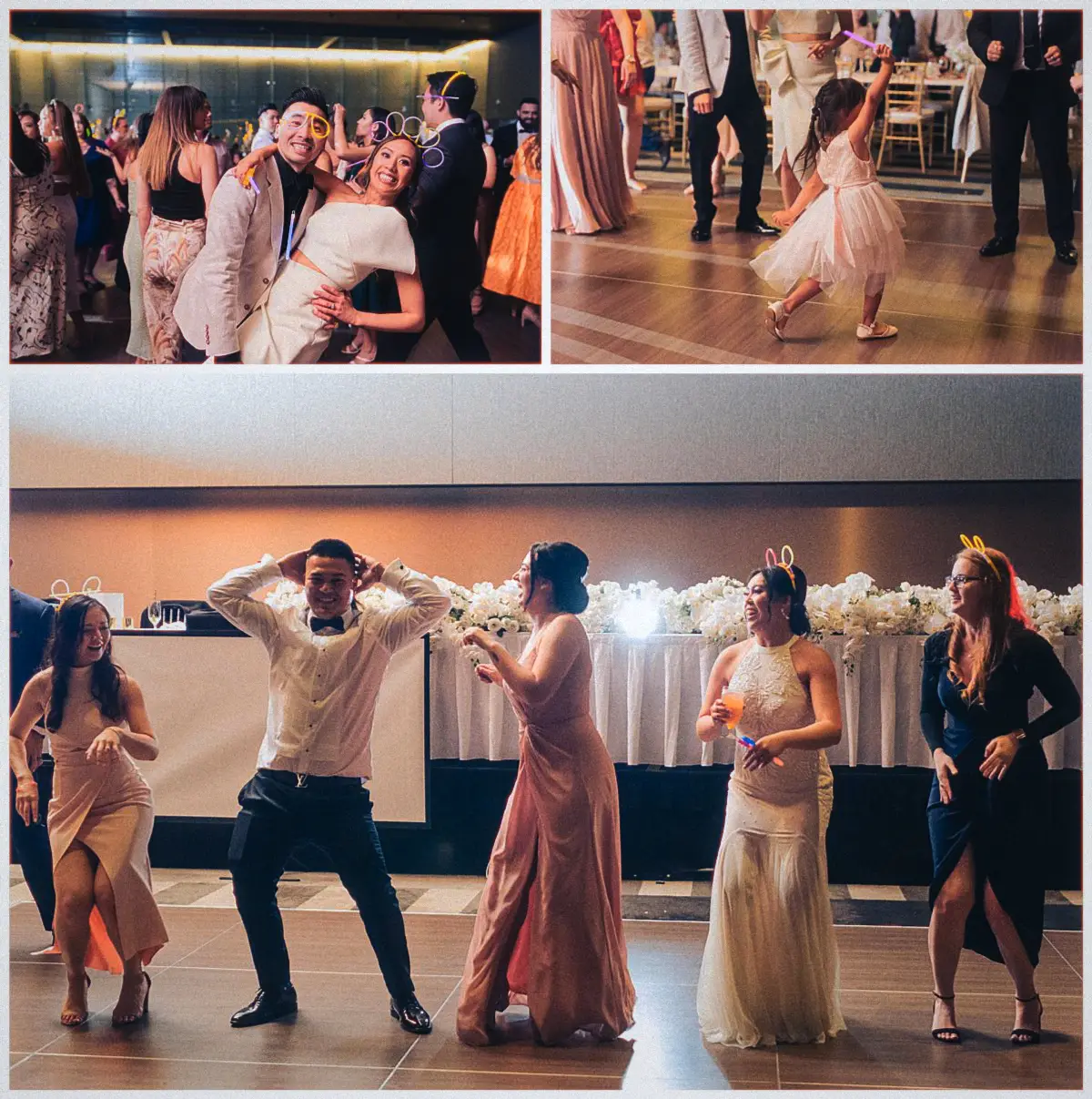 Party guests wear glowing headbands as the groom pulls goofy dance moves beside his laughing bride.