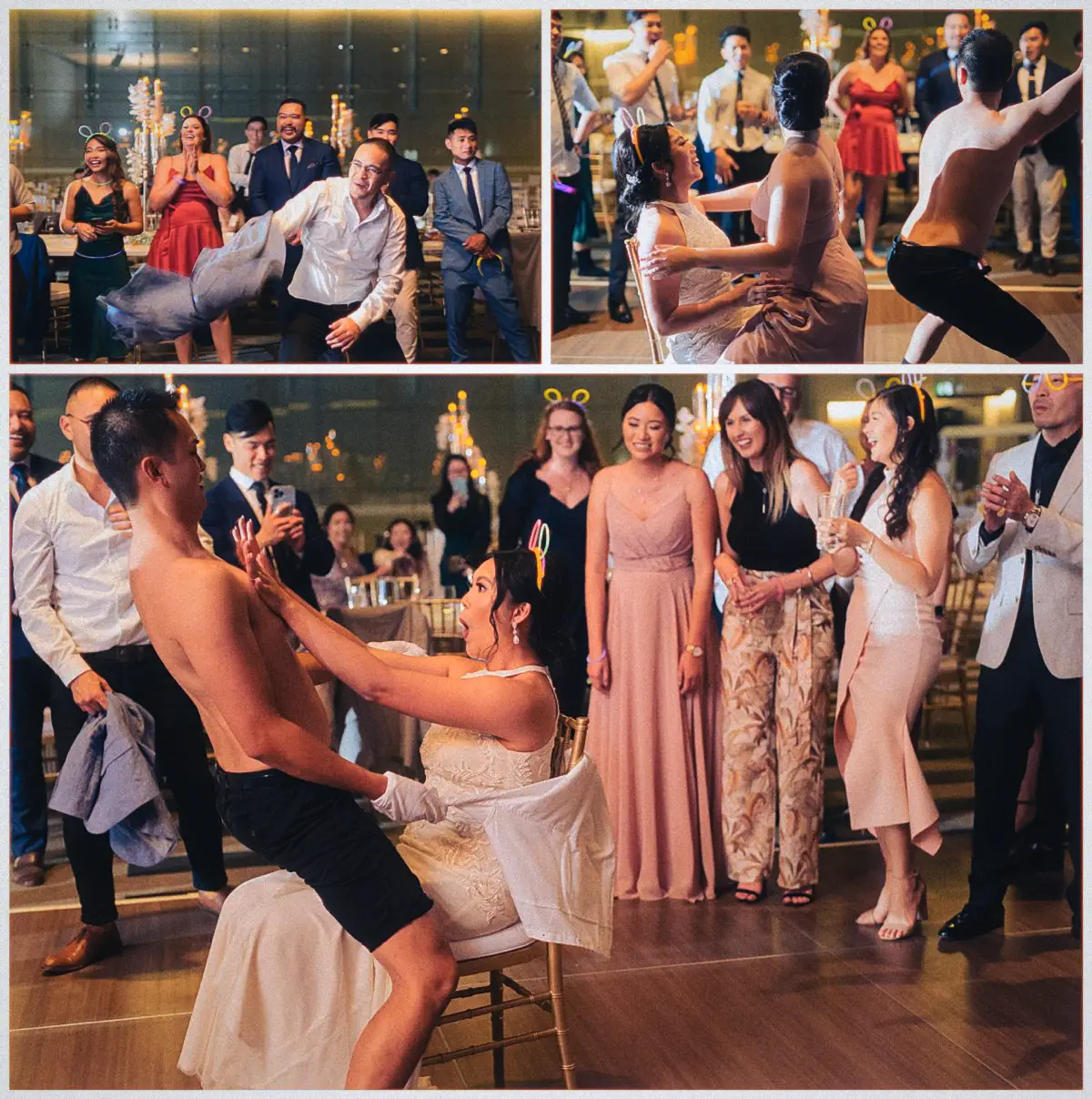 A seated bride laughs while a shirtless guest performs a comedic dance during the rowdy reception games.