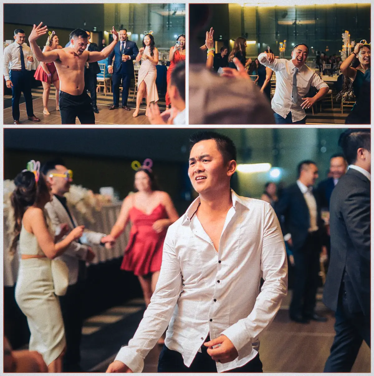 Friends dance up a storm with arms flailing and shirts untucked as the reception party peaks.