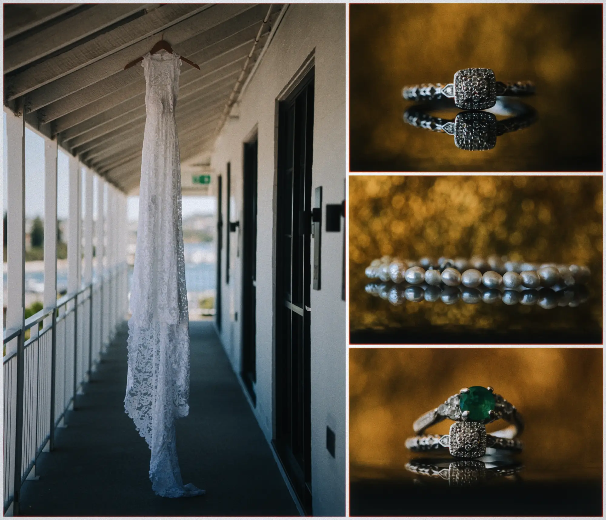 Erin's lace gown hangs along a sunlit hotel veranda beside close-ups of rings and pearls on gold.