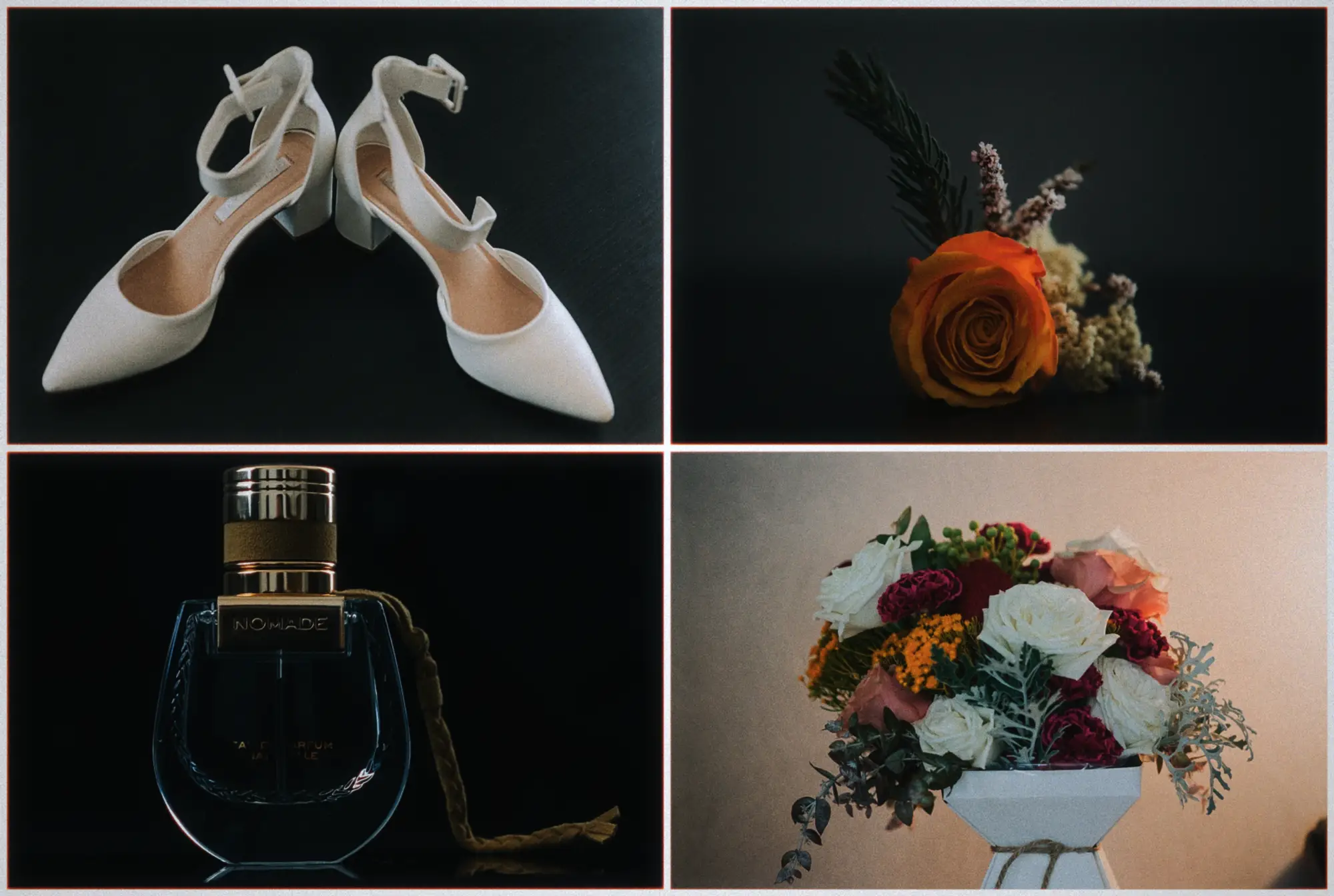 White bridal heels, an orange rose boutonniere, perfume and a roses bouquet styled in moody light.