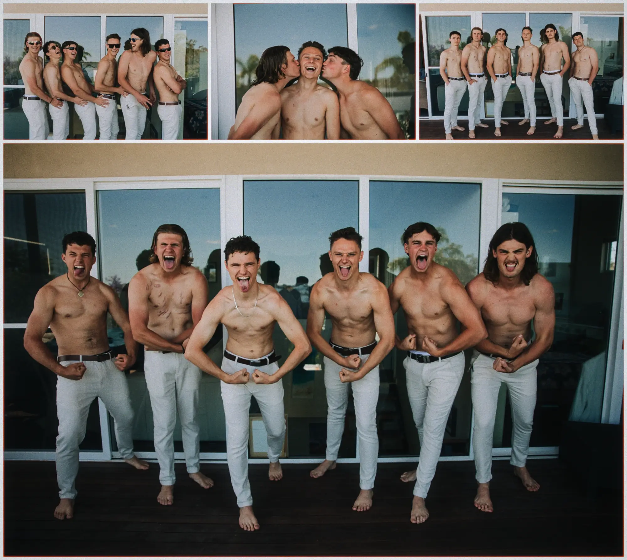 Justin and his shirtless groomsmen flex and pull faces in matching white trousers before dressing.