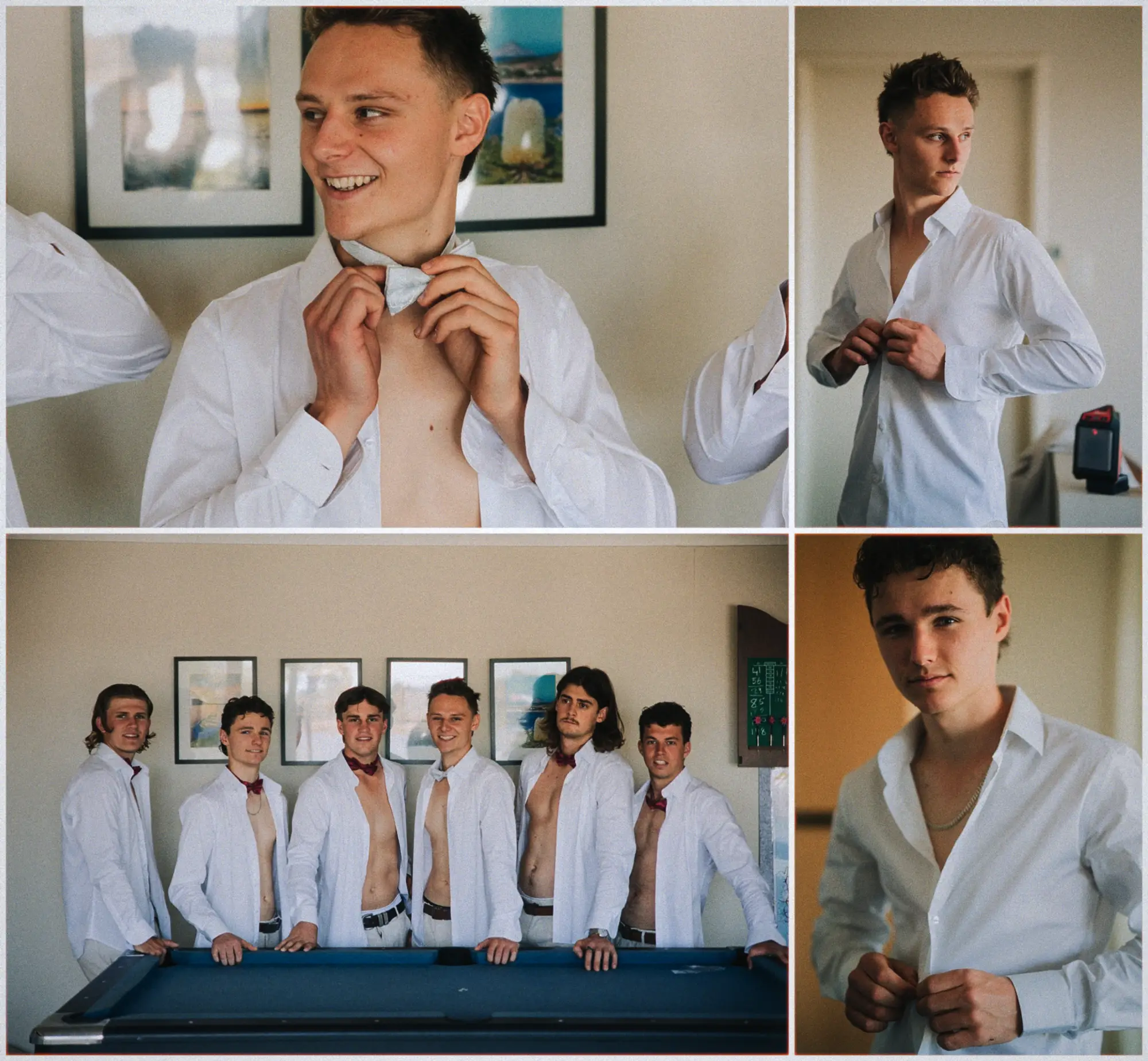 Justin grins while fixing his bow tie, then lines up with his groomsmen around a pool table.