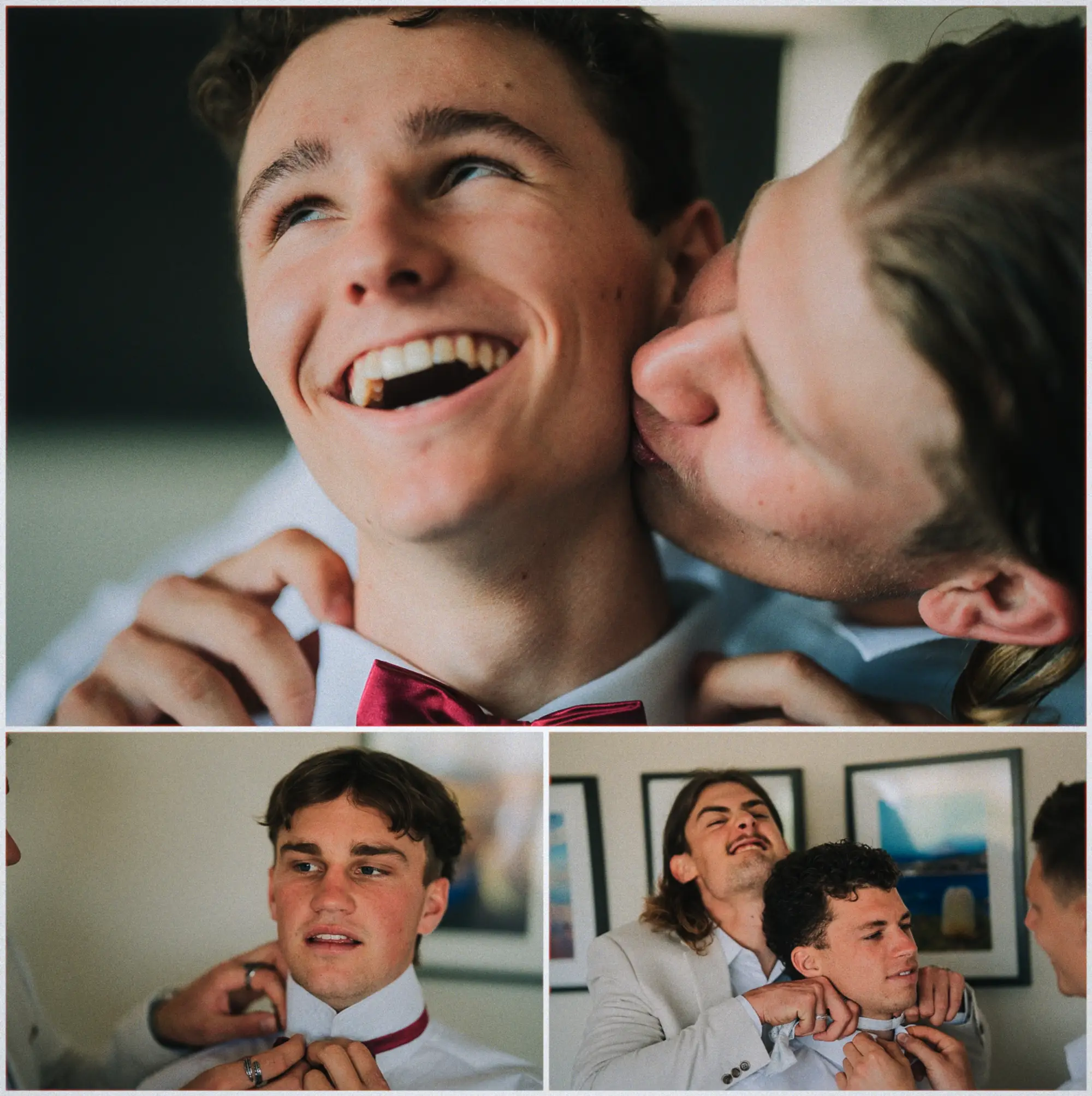 Groomsmen crack up as one plants a kiss on a cheek while burgundy bow ties are tied.