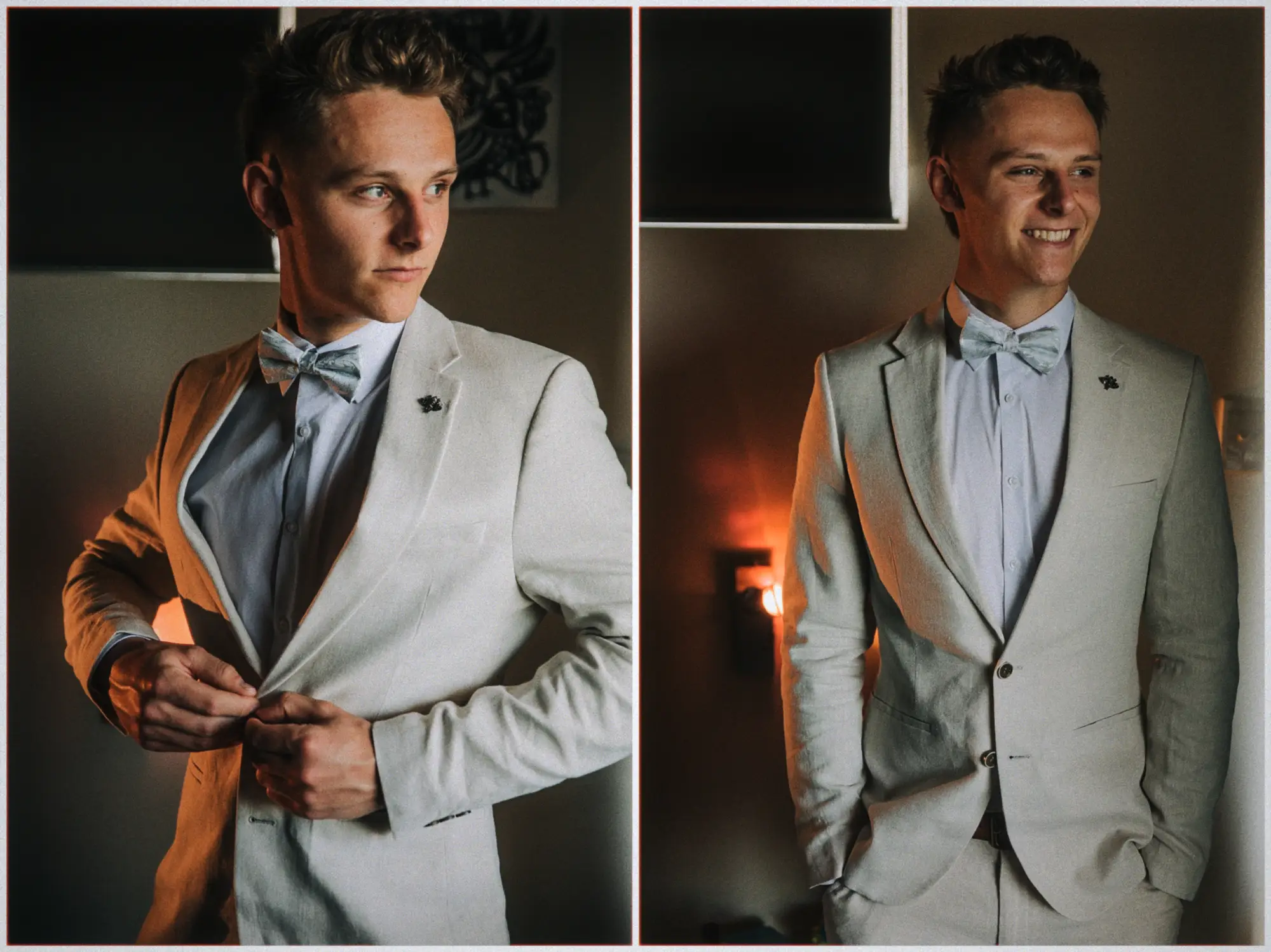 Justin buttons his cream suit jacket in warm lamplight before the Tradewinds Hotel ceremony.
