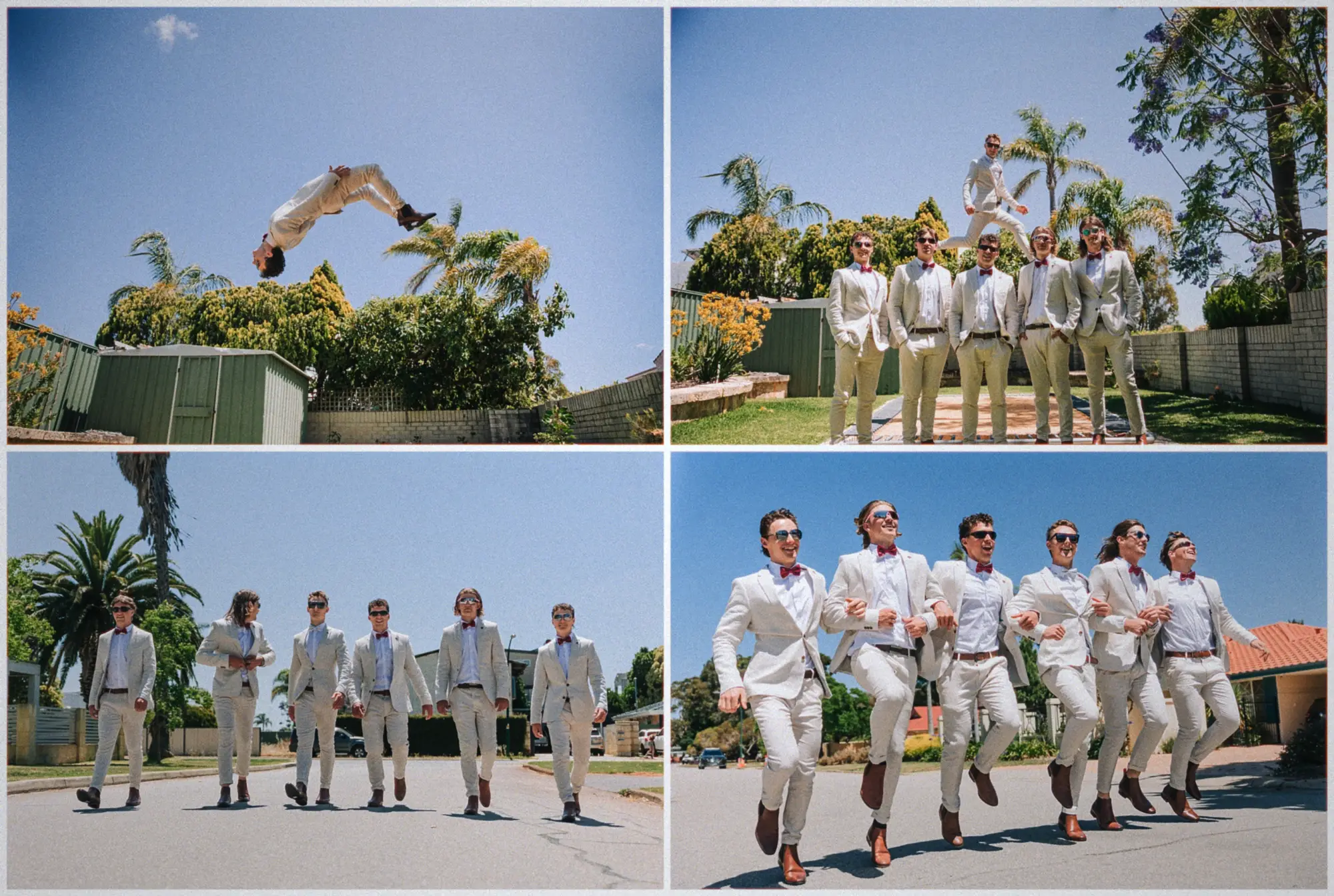 Groomsmen in cream suits backflip, strut and leap down a sunlit suburban street in sunglasses.
