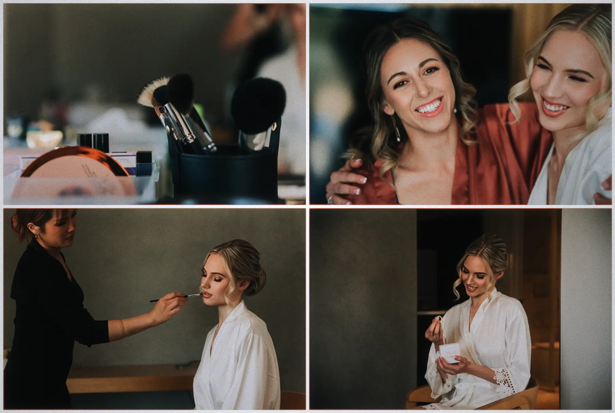 Erin laughs with her bridesmaid while a makeup artist finishes her look in soft morning light.