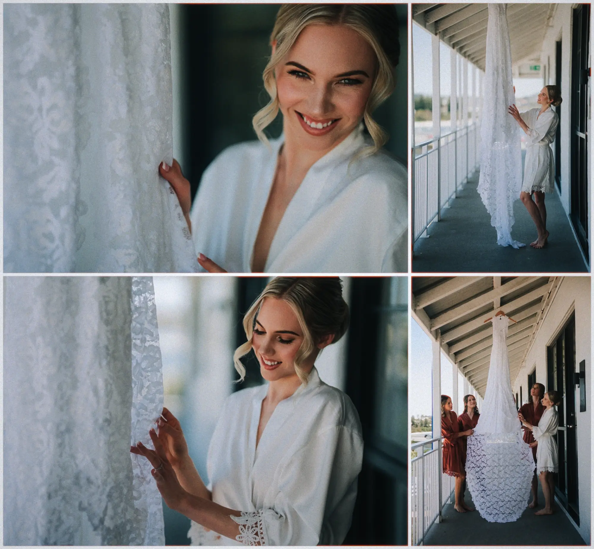 Erin smiles beside her lace gown and poses with bridesmaids as they admire it on the veranda.