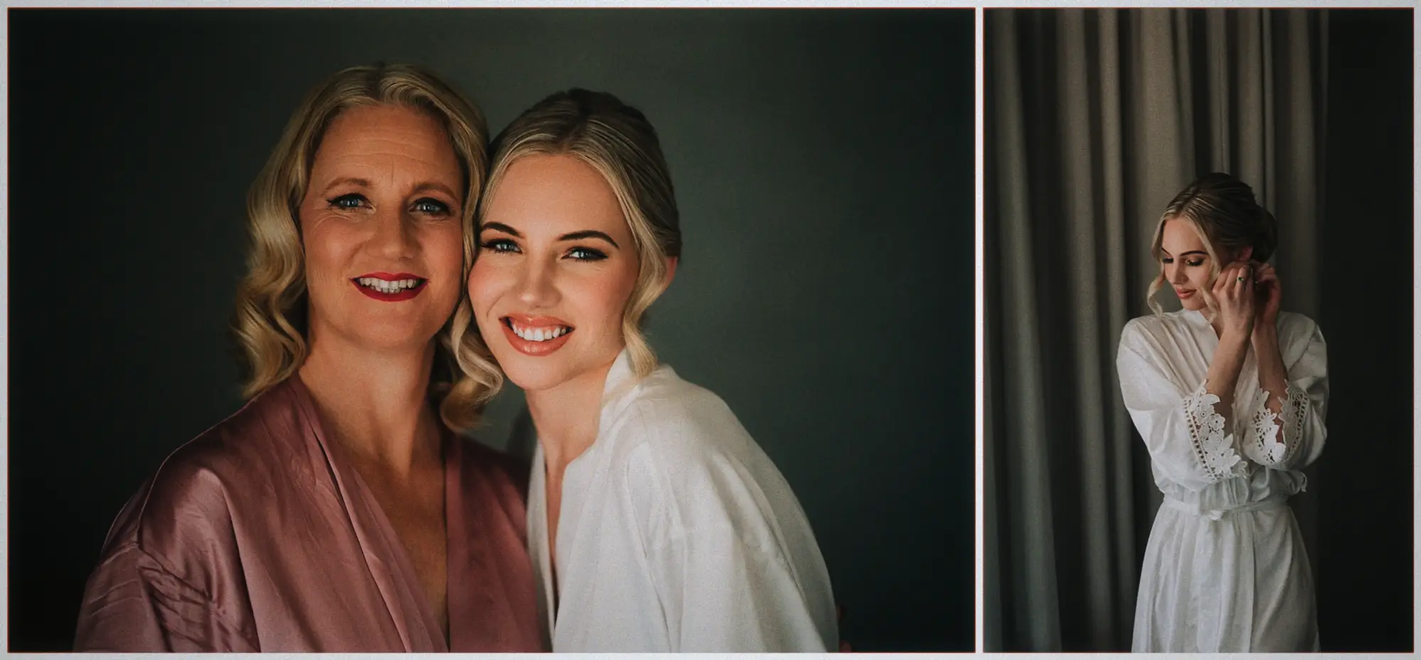 Erin beams beside her mother, then fastens an earring in her white robe by window light.