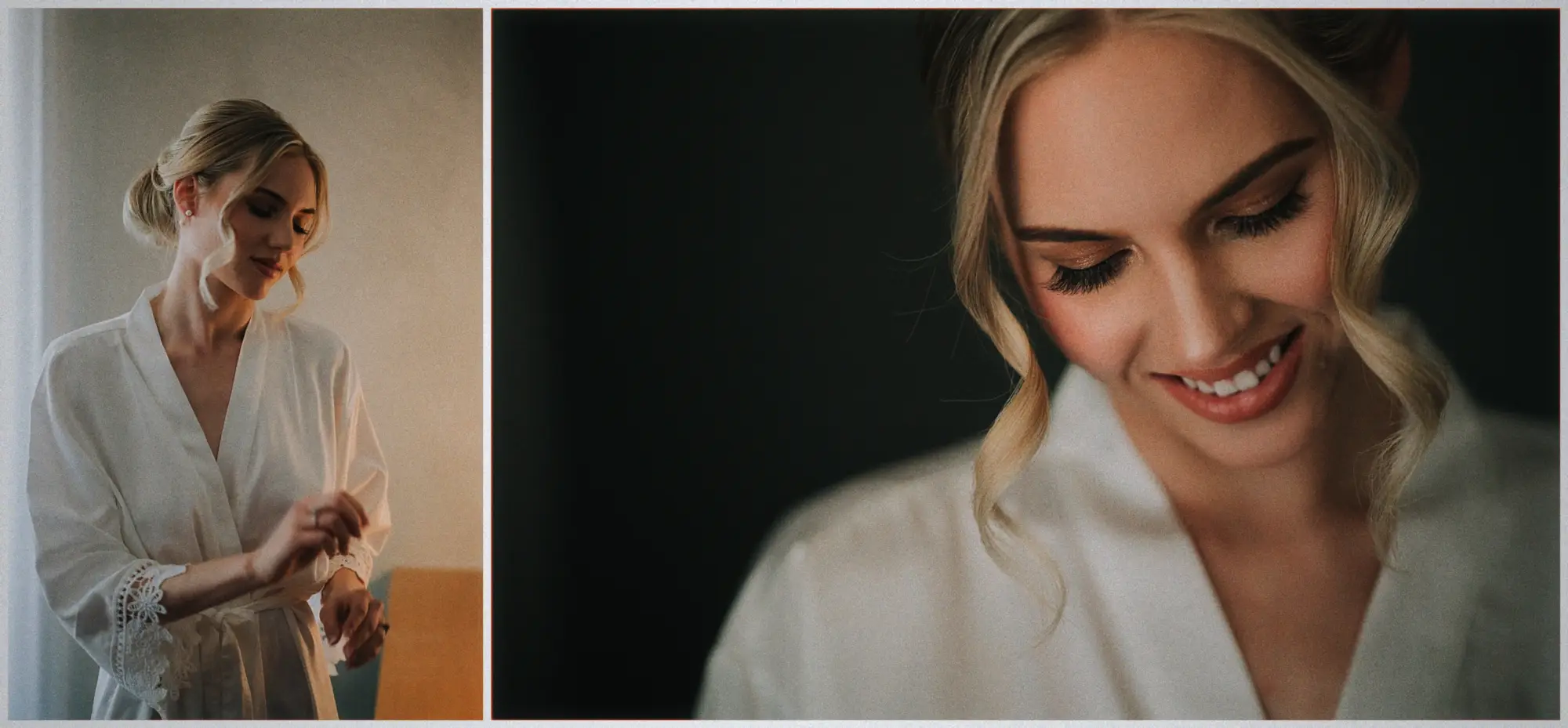 Erin buttons her white robe and smiles shyly in close-up before stepping into her gown.