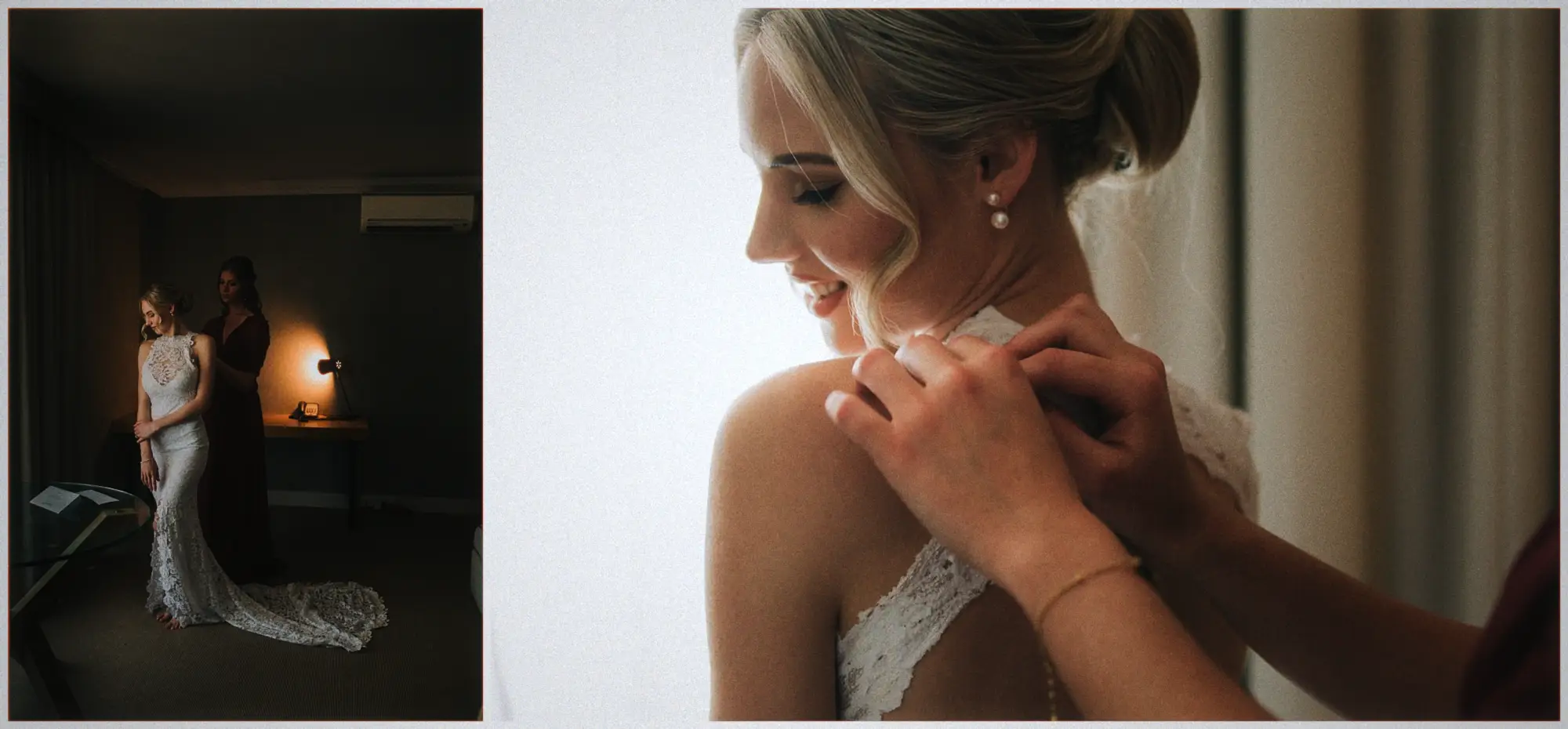 A bridesmaid helps lace Erin's gown in lamplight, pearl earrings catching soft window light.