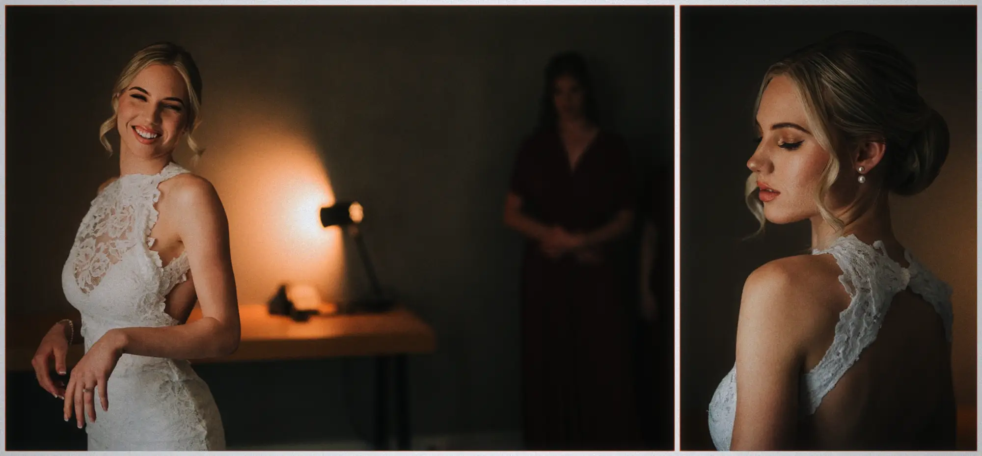 Erin turns in her fitted lace gown beside a warm lamp, then glances over her shoulder.