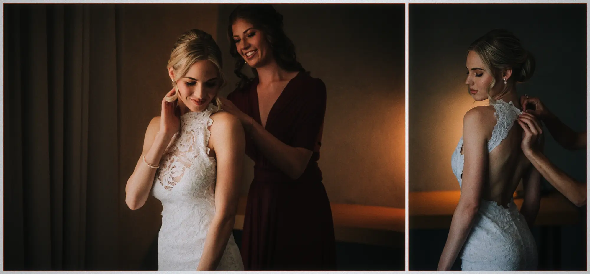 A bridesmaid settles the sheer lace panels over Erin's shoulders and back in lamplight.