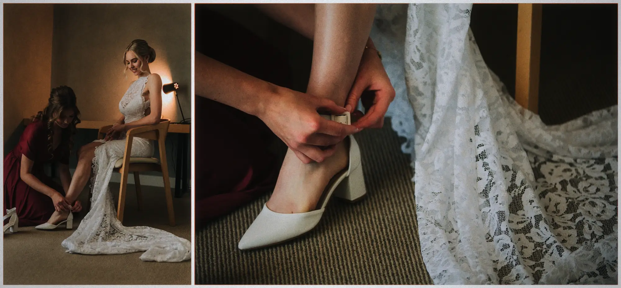 A bridesmaid buckles Erin's ivory block heels beside the train pooling over the carpet.