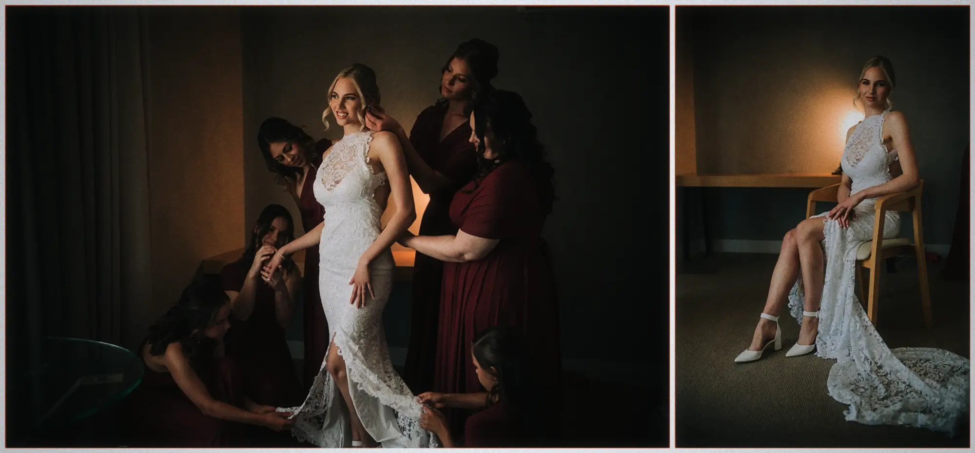 Bridesmaids in burgundy fuss over Erin's lace train, then she poses in ivory heels by a lamp.