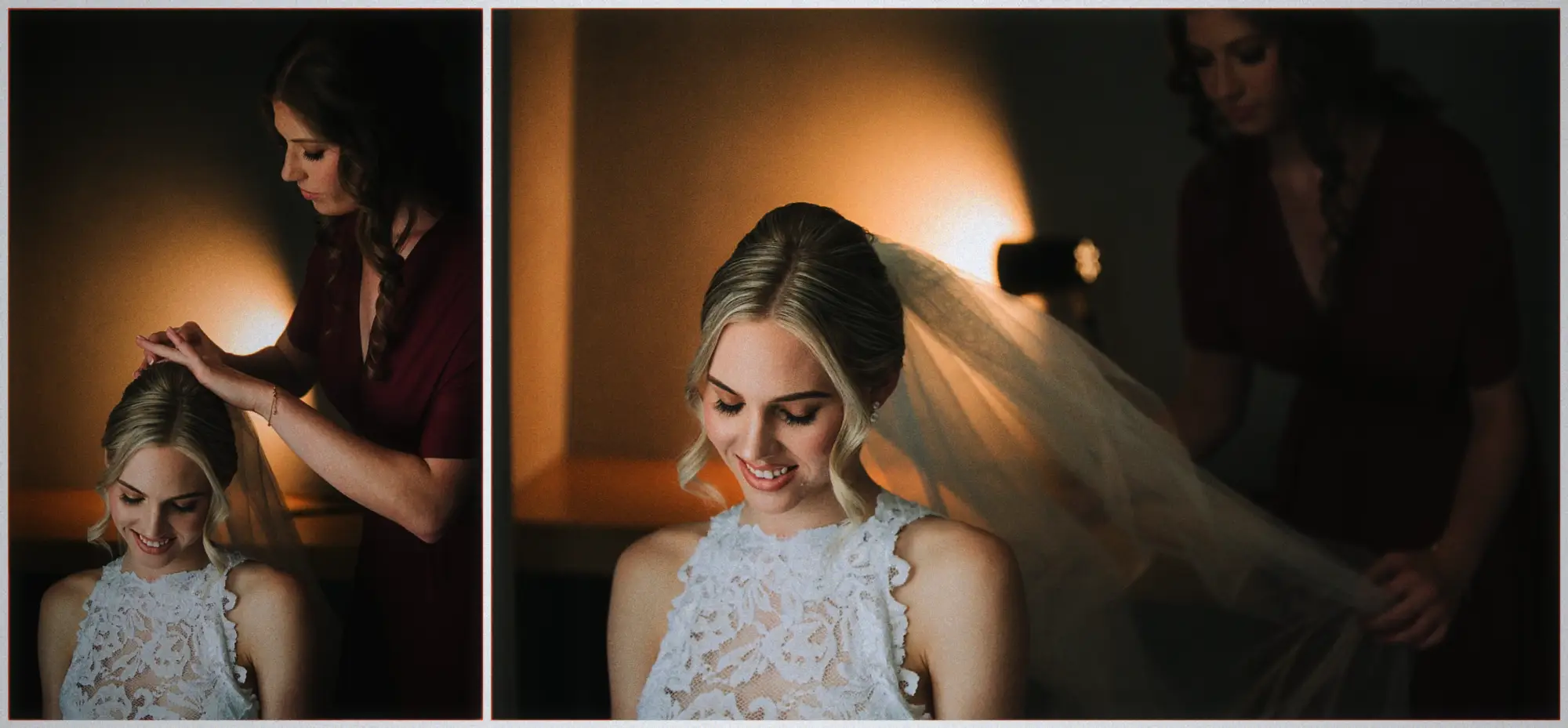 A bridesmaid pins Erin's hair and veil into place under warm orange lamp glow.