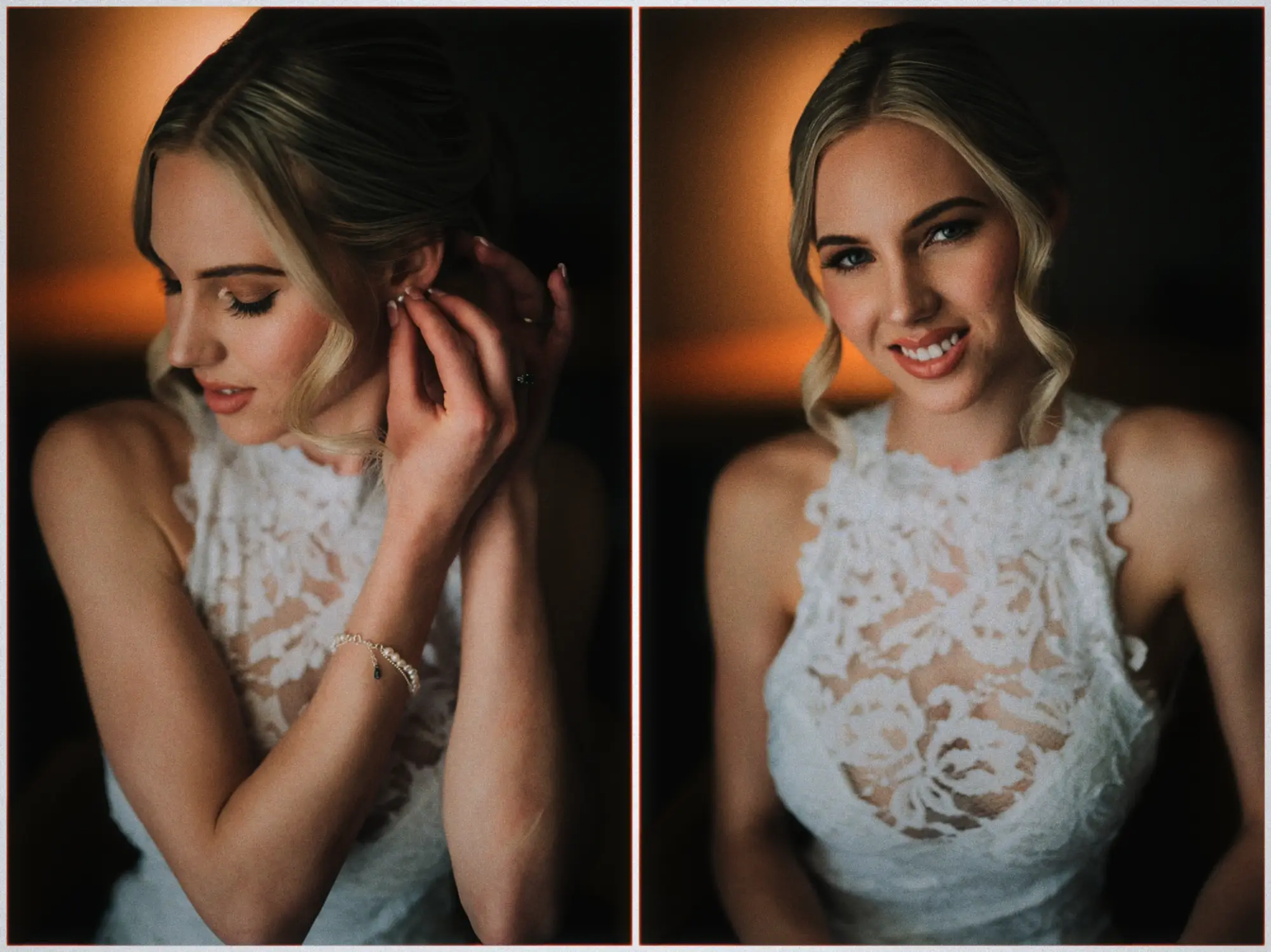 Erin fastens a pearl earring in her updo, then grins in her high-neck lace gown at dusk.