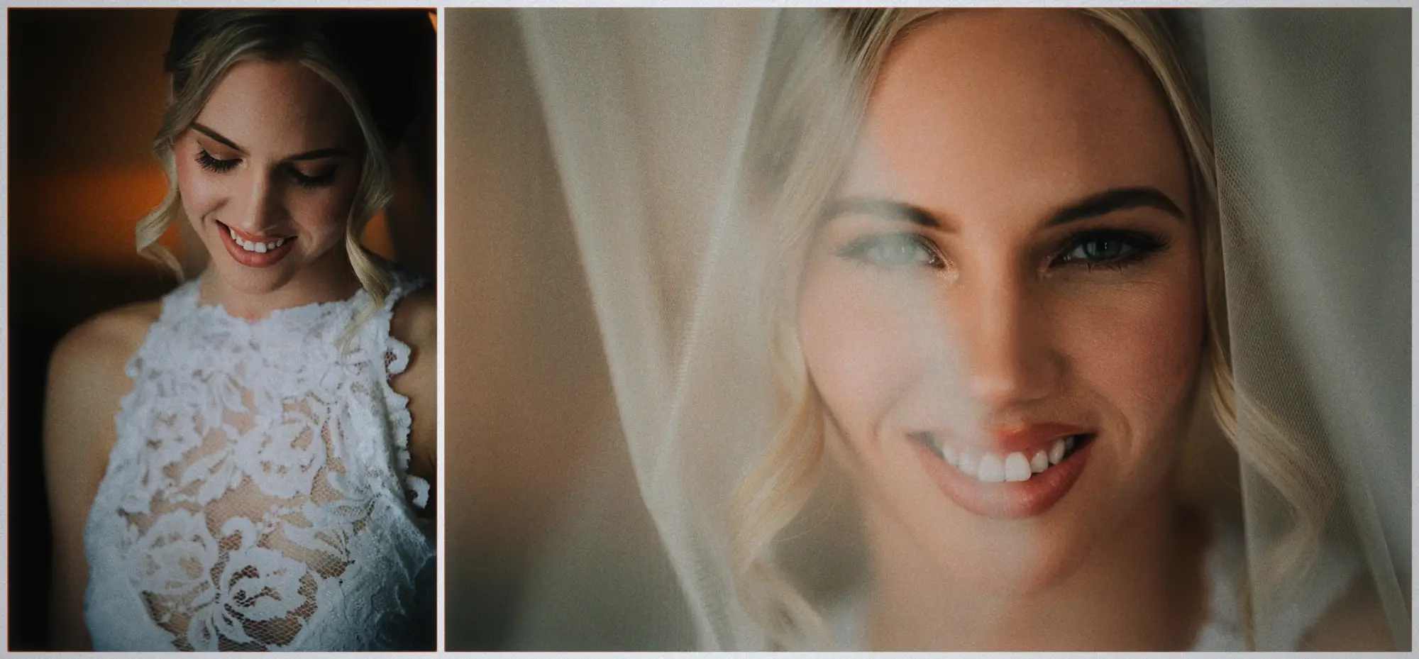Erin glows in her lace gown, then smiles through a softly drifting veil in close-up.