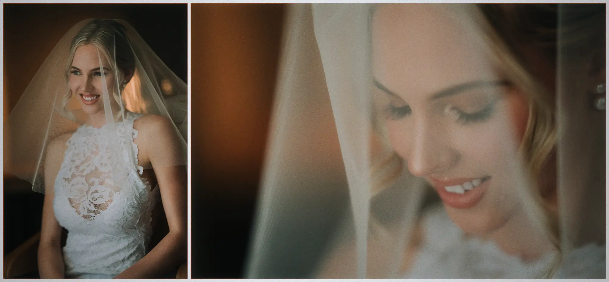 Veiled bride in high-neck lace grins warmly, then glances down with a bashful smile.